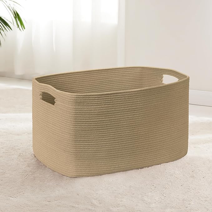 60L Small Wicker Laundry Basket for Living Room Storage,Boho Woven Cotton Rope Baskets for Kids Toy,Gifts,Square Blanket Hamper for Bedroom Dirty Clothes,Jute