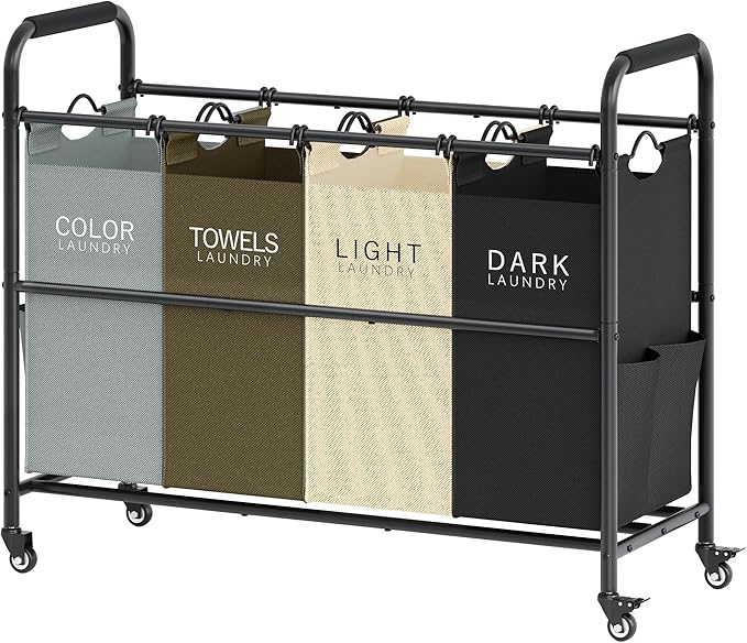 Tajsoon 4 Bag Laundry Sorter Cart, 4 Section Laundry Hamper Sorter with Heavy Duty Lockable Rolling Wheels, Laundry Separator Hamper with Removable Bags for Dirty Clothes Storage, 4 Colors