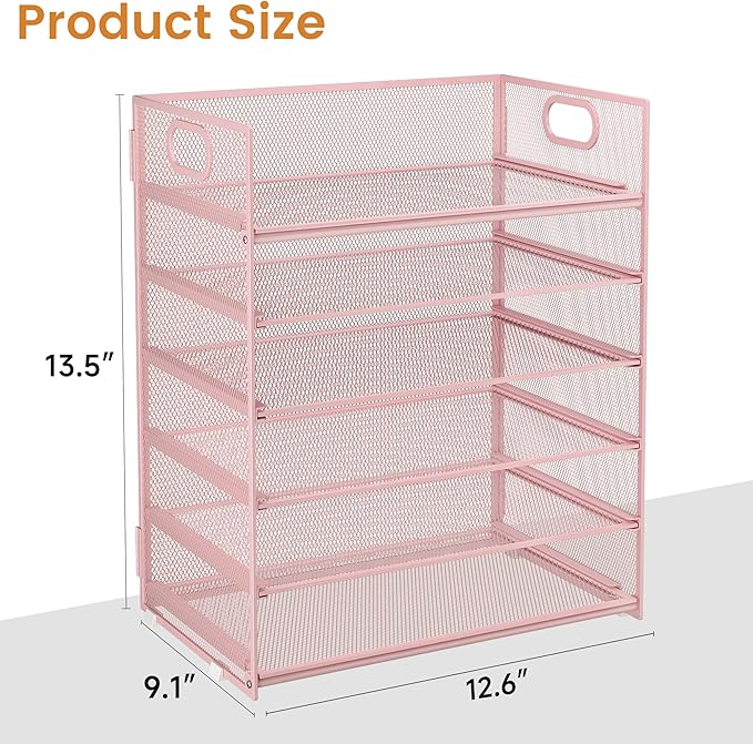 Subekyu 6-Tier Desk Paper Organizer, Desktop File Letter Tray with Handle, Document Sorter and Accessories Holder for Office, Home and School Workspace Organizers, Pink-2 Pack