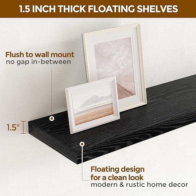 Black Floating Shelves 24 Inch Long 2 Pack for Bedroom|Kitchen|Bathroom, Wall Mounted Rustic Wood Wall Shelves, 9.3 Inch deep Floating Shelf with Invisible Brackets for Books|Storage|Decor