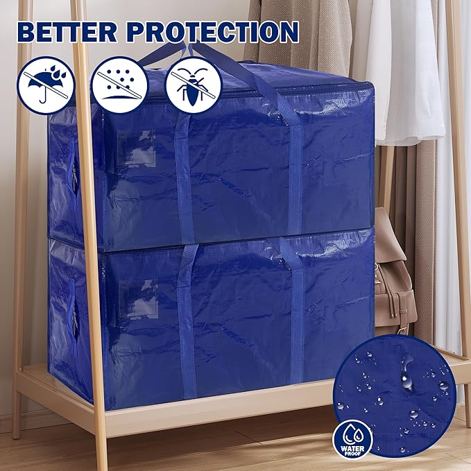 16 Pack Extra Heavy Duty Large Moving Bags with Strong Zipper & Carrying Handles, Sturdy Clothes Storage Bags Totes Bins, Packing Moving Boxes College Supplies, Dark Blue - 40 gal