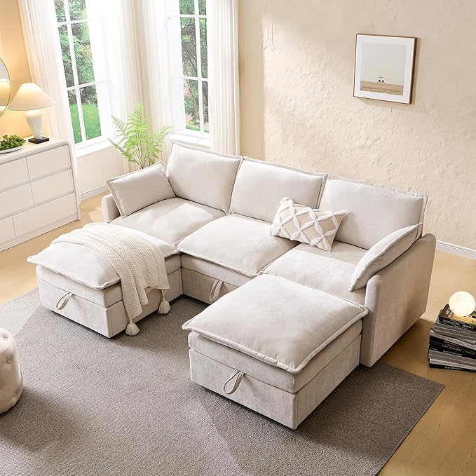 88.98" Sectional Couches for Living Room, Cloud Couch Sectional with Large Storage, U-Shape Modular Sectional Sofa with Ottoman, 5 Seater Chenille Sofa with Pillow for Apartment, Bedroom, Beige