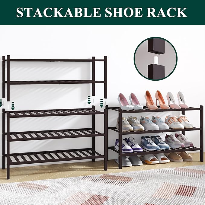 Smiry Bamboo Shoe Rack for Closet, 2 Tier Wooden Stackable Shoe Organizer, Free Standing Shoes Storage Shelf for Entryway, Front Door Entrance, Brown