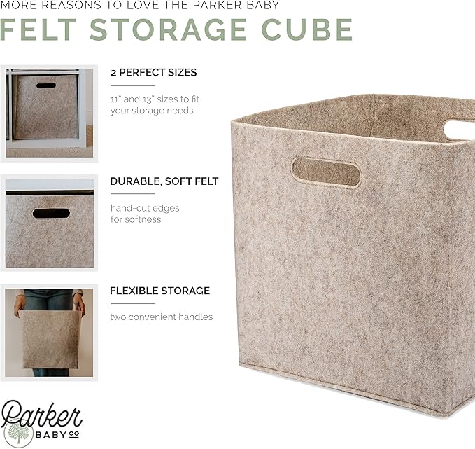 Parker Baby Felt Foldable Storage Cube - 11 Inch Nursery Cubby Bin for Cube Organizer, Closet Organizers and Storage Toy Bin, Rope Baskets Bins for Toy’s Storage - Oatmeal