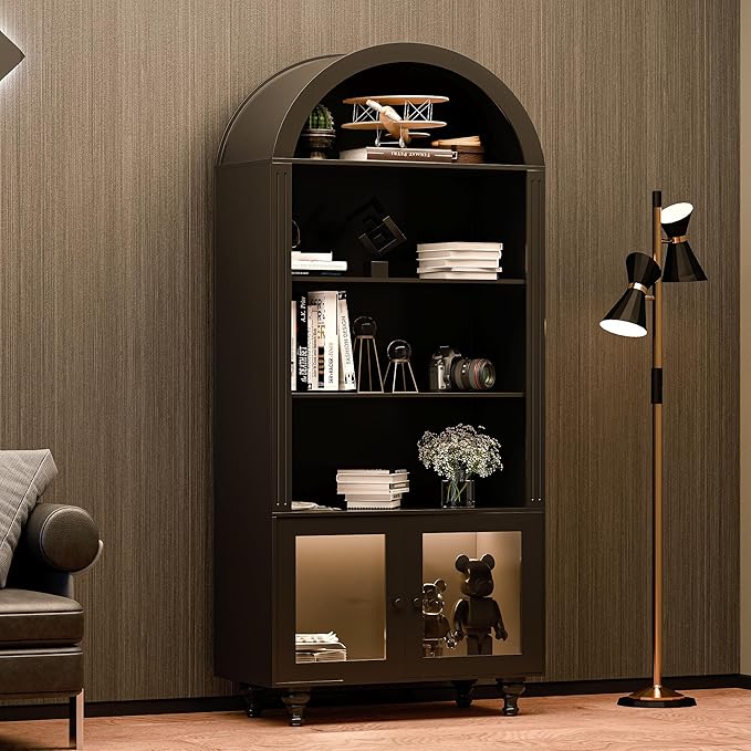 Wooden Arched Display Storage Cabinet with Glass Door, LED Lights,Showcase for Collections, Perfume, Vinyl Albums, Bookcase for Home Office, Living Room, Clinic, Pantry (Black-Arched top)