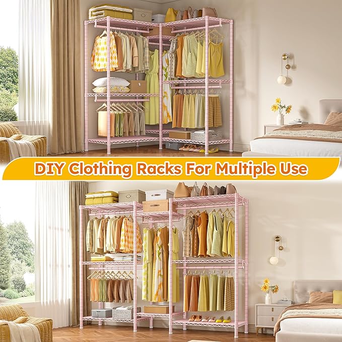 Raybee Clothes Rack,Clothing Racks for Hanging Clothes Heavy Duty,Adjustable Garment Rack with Shelves,Rolling Clothes Rack Max Load 905LBS,75" W x 77" H x 17.8" D Pink
