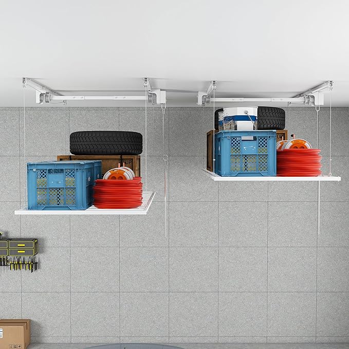 Overhead Garage Storage Rack 3x6 FT, Adjustable Ceiling Lift Storage System for 10–12 FT Ceilings, Heavy-Duty Steel Overhead Shelf with Crank Handle, Safety Lock, 270 lbs Capacity