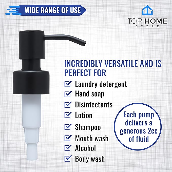 Stainless Steel Soap and Lotion Dispenser Pumps, Replacement for Your Bottles (Black Matte, 2 Pack)
