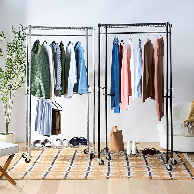 Amazon Basics Adjustable, Double Hanging Rod Garment Rolling Closet Organizer Rack with Wheels, Heavy Duty, Black, 36'' x 14'' x 72'', WI-GAR1436B