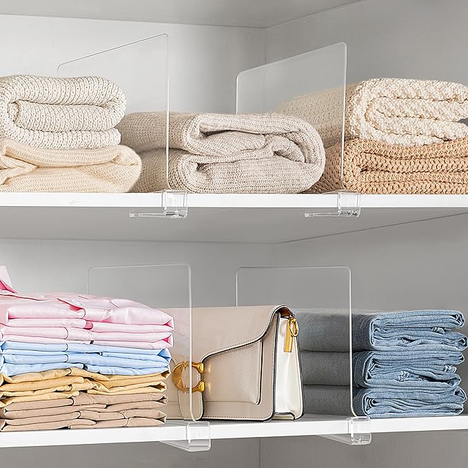 HBlife 10 Pack Clear Shelf Dividers, Vertical Purse Organizer for Closet Perfect for Sweater, Shirts, Handbags in Bedroom and Kitchen, Adjustable Acrylic Bookshelf for Organization