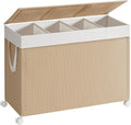 SONGMICS HOME Laundry Hamper with 4 Section, 180 L Large Rolling Laundry Basket with Wheels, Rattan Clothes Basket with Lid, Removable Liner with Handles, Natural Beige and Matte White ULCB603N01