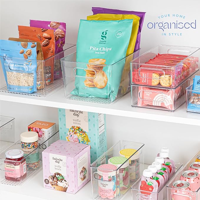 primebox Plastic Food Storage 6 Pack Clear Container Bin with Handles for Organizing Kitchen, Pantry, Refrigerator, Freezer, Pantry, Cabinet, Closet, Bathroom. 10”x4”x5”