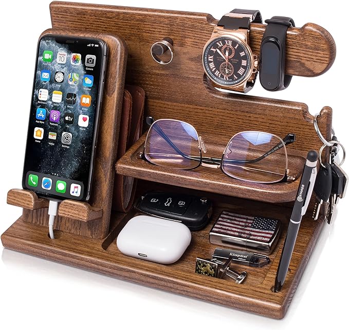 TESLYAR Wood Phone Docking Station for Men - Desk or Nightstand Organizer - Birthday Gifts for Husband or Dad - Anniversary Idea from Wife - Key Holder, Stand Wallet, Watch & Essentials (Earth Beige)