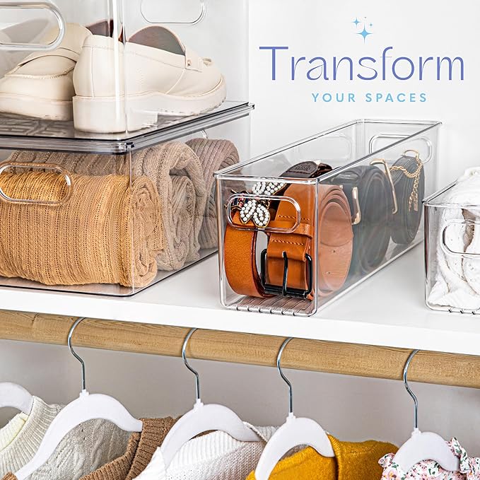primebox Plastic Food Storage Clear Container Bin with Handles for Organizing Kitchen, Pantry, Refrigerator, Freezer, Pantry, Cabinet, Closet, Bathroom. 14”x4”x5”