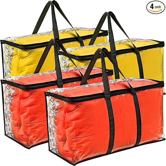 4 Pack Clear Large Moving Bags, Heavy Duty Storage Bags, College Totes, Storage Bins, for Organizing Blankets, Clothing for College, Dorm, Packing, Durable with Zipper and Handle 25x14x12