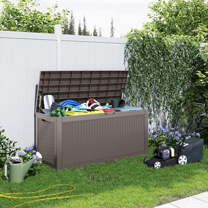 120 Gallon Outdoor Deck Box,Storage Lockable Waterproof Patio Furniture,Garden Tools,Cushions,Pool Accessories Outside Storage Resin Box(Grey)
