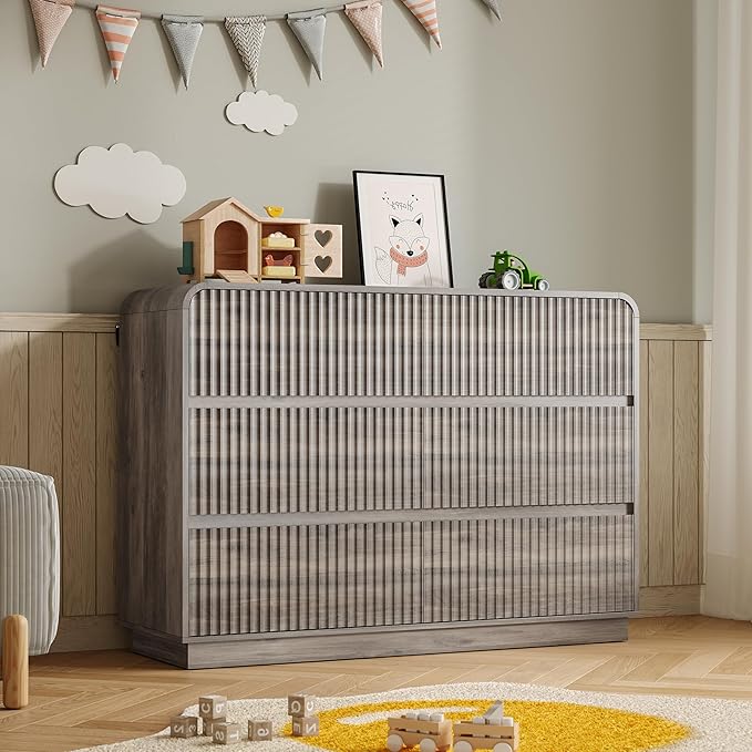 Dresser for Bedroom with 6 Drawers, Fluted Chest of Drawers with Round Curved Corner, Hidden Handles, Modern Wood Storage Organizer for Bedroom, Nursery, Living Room