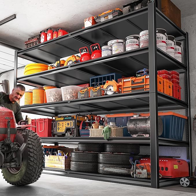 REIBII 78" H Storage Shelves, Garage Shelving Heavy Duty Load 3000LBS, Adjustable Garage Shelving, 5 Tier Metal Shelves Unit for Storage Rack, Basement, 55" W x 26" D x 78" H, Black, 2 Pack