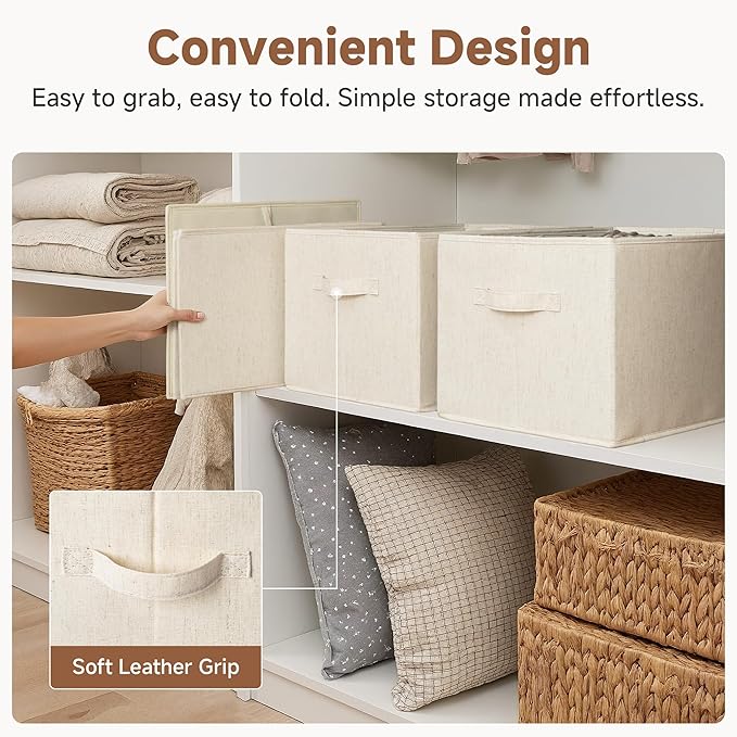 StorageWorks Storage Baskets for Shelves, Foldable Fabric Closet Storage Bins with Handles, Fabric Storage Bins Clothes Organizer, Beige(Cotton-linen), 3-Pack, Extra Large