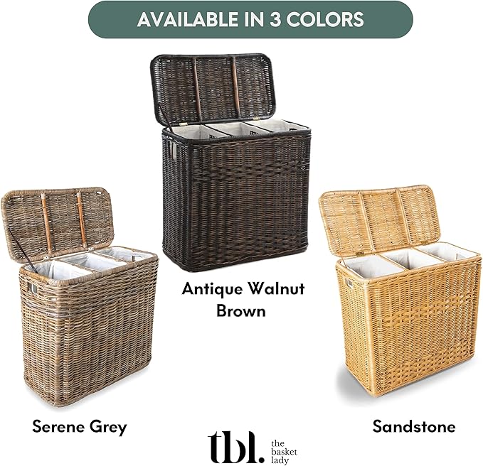 The Basket Lady 3-Compartment Wicker Laundry Sorter Hamper, 30 in L x 15 in W x 28 in H, Sandstone