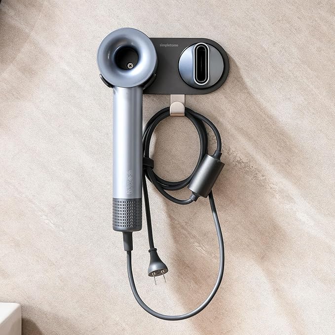 simpletome Hair Dryer Holder Wall Mount for All Magnetic High Speed Blow Dryer with Plug Cord Organizer Hook (ABS Plastic, White)