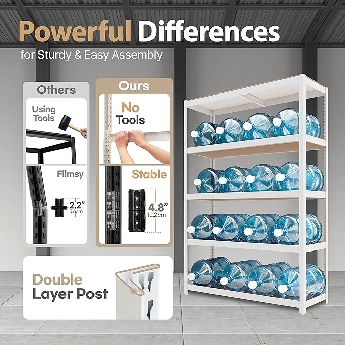 HOMEDANT House Lift-Beam White 48" Wide Boltless Heavy Duty Garage Storage Shelving Adjustable 5-Tier Metal Shelves Laminated Organization Shelf Industrial Utility Rack Pantry Shed Office Store 4Pack