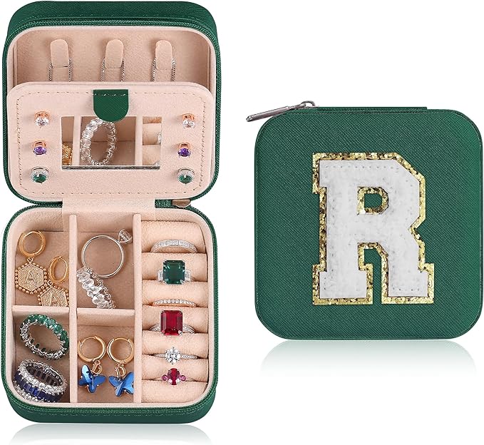 Parima Travel Jewelry Box for Girls Women, Initial Organizer Must Haves Case Necklace Earrings Ring Gifts Women, Green