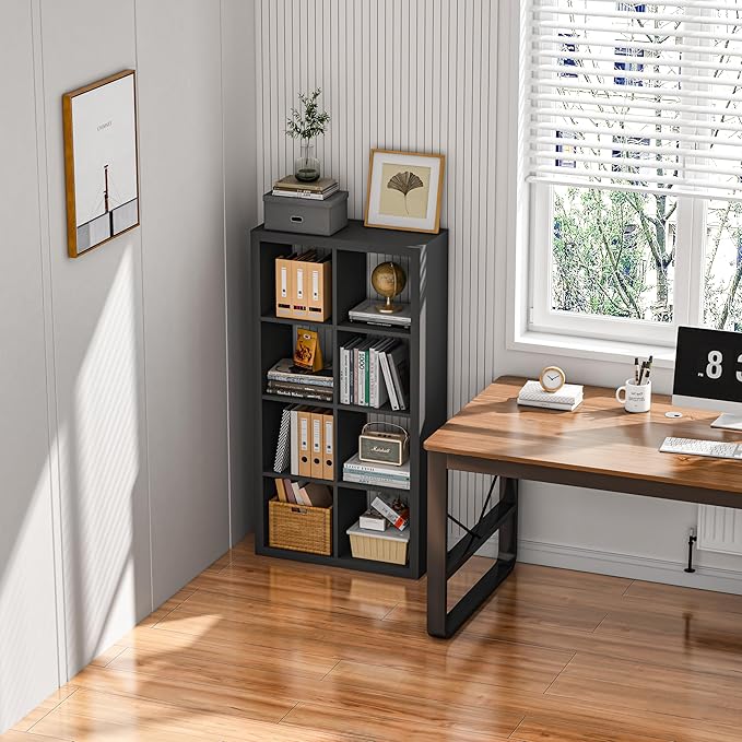 Bookshelf with Storage Bin, 4-Cube Storage Organizer, Modern Wood Open Bookcase, Multifunctional Display Shelf for Living Room, Bedroom, Home Office, Black
