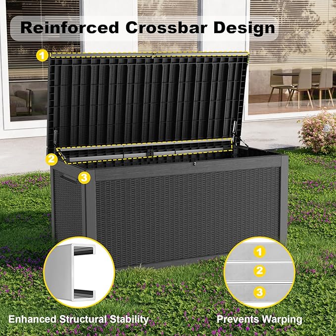 320 Gallon Outdoor Deck Box,Storage Lockable Waterproof Patio Furniture,Garden Tools,Cushions,Pool Accessories Outside Storage Resin Box(Black)