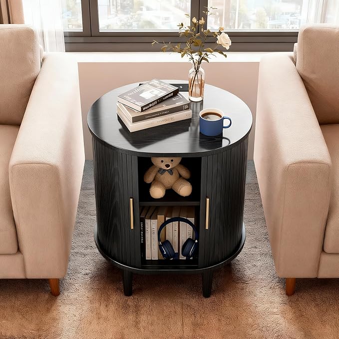 Nightstands Set of 2 & Charging Station, Fluted Accent Side Table with Sliding Door & Adjustable Shelf, Mid-Century Modern End Table for Small Space, Living Room, Bedroom (2, Black)