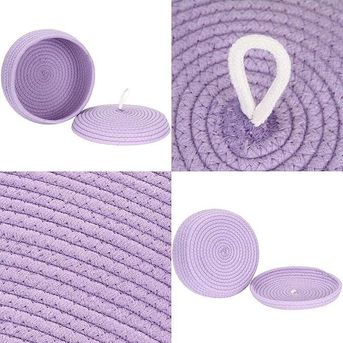 Sea Team Round Cotton Rope Storage Basket with Lid, Decorative Woven Storage Bin, Pot, Caddy, Organizer, Container for Snacks, Towels, Plants, 10 x 4.5 Inches (Small, Shallow, Lavender)