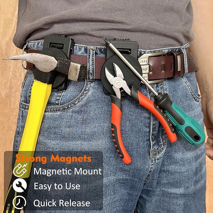 MUTUACTOR Magnetic Tool Belt Clip,2PCS Anti-Slip Heavy Duty Belt Clips Magnet Holster,Strong Neodymium Magnetic Tool Holder Clips for Organizing Screws, Hammers, Sockets, Pliers, Drills, Wrenches