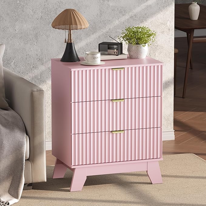 Pink Night Stand with 3 Drawers, Bedside Table & End Table, 24" Wide Mid Century Modern Fluted Wood Nightstand with Metal Handles, Farmhouse Night Stands for Bedroom