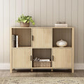 Fluted Storage Bookshelf, Modern Wood Freestanding Bookcase with Doors and Open Shelf, 2-Tier Short Organizer Shelf for Living Room, Bedroom Light Oak