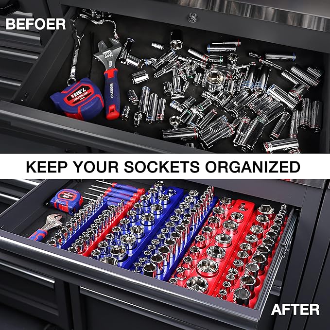 WORKPRO Magnetic Socket Organizer, 1/2-Inch SAE Sockets Holder, Socket Trays Holds 16 Pieces Standard Size and Deep Size Sockets(Socket not Included)