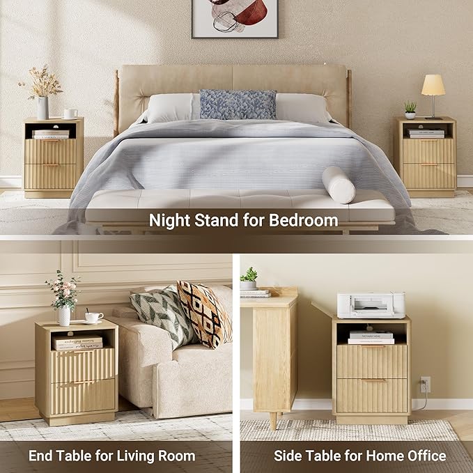 Fluted Night Stand Set of 2 with Charging Station, 18" Mid-Century Modern Nightstand, 2 Drawers End Table with Storage, Bedside Table for Bedroom Home Office, Curved Profile (Natural Oak)