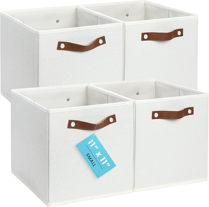 OrganiHaus 11" x 11" x 11" Fabric Cubes Storage Bins Set of 4, Foldable Collapsible Fabric Storage Bins for Organizer, Toy Organizer for Kallax, 11 Inch Linen Cube Shelf Baskets - White