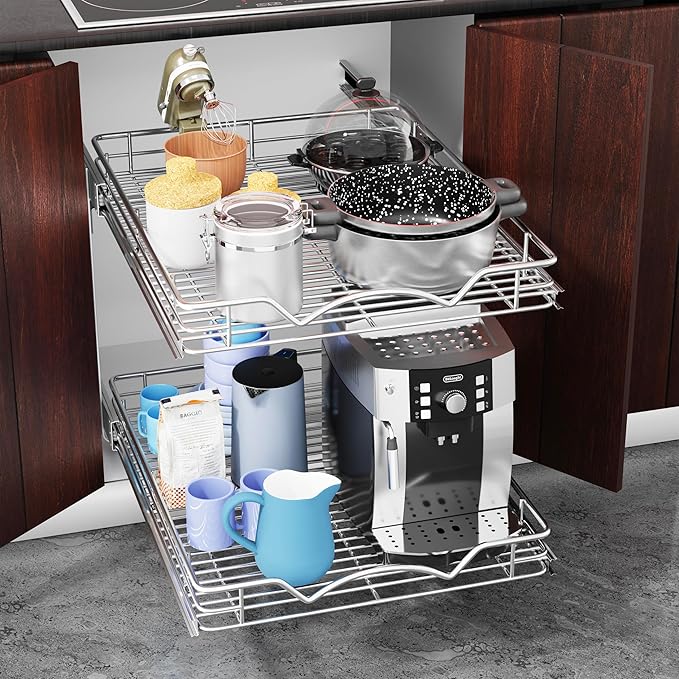 HOLDN’ STORAGE Two Tier Pull Out Cabinet Organizer, Individual Sliding Drawers - Heavy Duty Metal with Lifetime Limited Warranty - Anti Rust Chrome Finish - 20" W x 21”D x 16.5" H