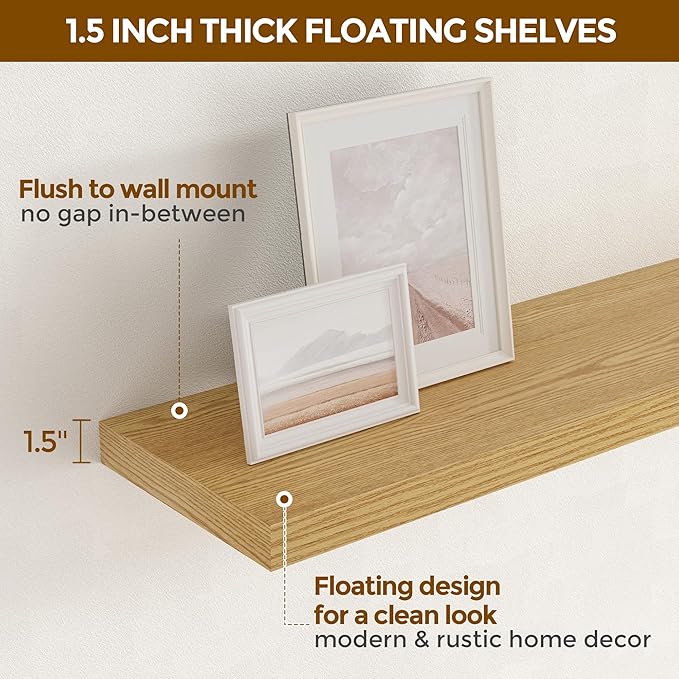 Fun Memories 55Inch Floating Shelves for Wall 1 Pack Shelves for Bedroom|Kitchen|Bathroom Wall Mounted Rustic Wood Floating Shelf with Invisible Brackets for Books|Storage|Decor, Oak