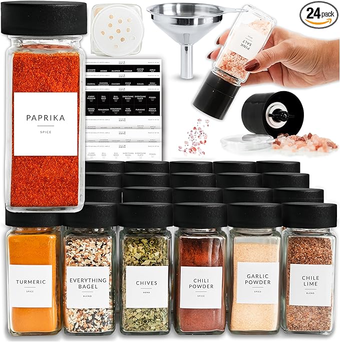 SAVVY & SORTED Glass Spice Jars with Label 24 PK - 4 Oz Spice Containers with 374 Minimalist Labels Stickers, Pepper Grinder Funnel Shaker Lids, Empty Square Seasoning Rack Organizer