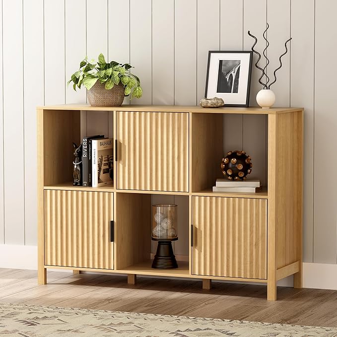 Fluted Storage Bookshelf, Modern Wooden 6 Cube Bookcase with Doors and Open Shelf, 2-Tier Short Organizer Shelf for Living Room, Bedroom Natural Oak