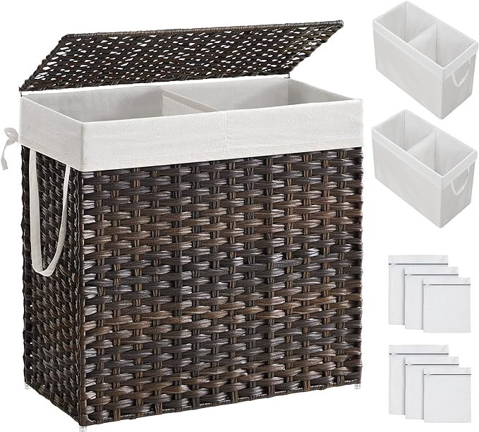 SONGMICS Laundry Hamper with Lid, 130L Clothes Hamper with 2 Removable Liner Bags and 6 Mesh Bags, Wicker Laundry Basket, Double Laundry Hamper for Bathroom, 13 x 26 x 23.6 Inches, Brown ULCB253K01