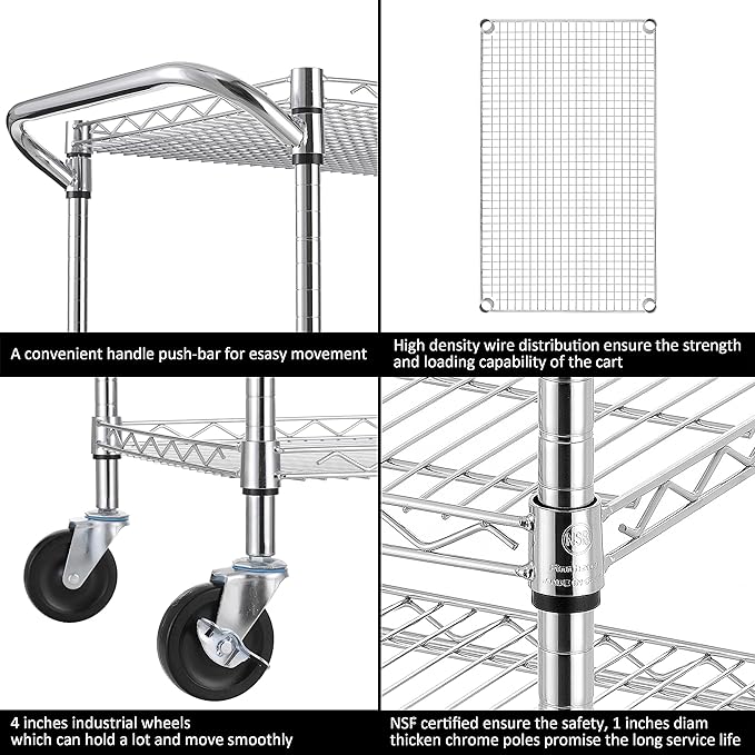 Finnhomy 3 Tier Heavy Duty Commercial Grade Utility Cart, Wire Rolling Cart with Pushing Handle Bar, Steel Metal Kitchen Service Trolly with Wheels, Shelf Size 18" D x 36" W, NSF, Chrome