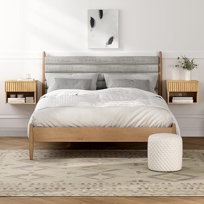 Floating Nightstands Set of 2 with Drawer and Open Shelf, Small Wall Mounted Bedside End Table, Modern Fluted Night Stand for Bedroom, Living Room, Natural Oak