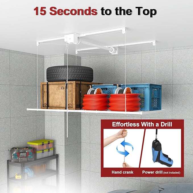 Overhead Garage Storage Rack 3x6 FT, Adjustable Ceiling Lift Storage System for 10–12 FT Ceilings, Heavy-Duty Steel Overhead Shelf with Crank Handle, Safety Lock, 270 lbs Capacity