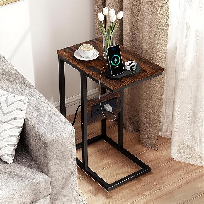 VECELO C Shaped End Side Table with Charging Station & Power Outlets for Couch Sofa/Bed, Snack TV Tray with Metal Frame for Living Room Bedroom 2 PCS, Brown