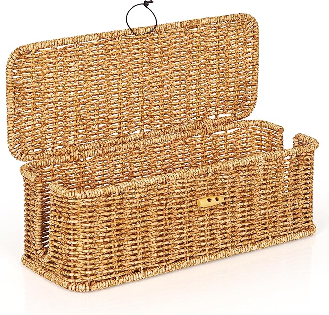 Cable Management Box, Handwoven Faux Rattan Cord Organizer Box with Lid, 2 Open Slots Cable Organizer Box, Decorative Cord Hider Box for Tv Computer USB Hub & Power Strip Holder Box