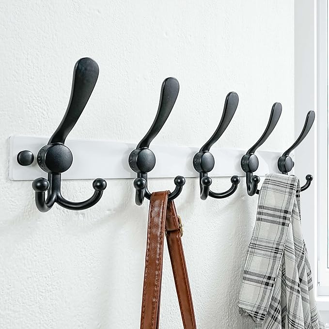 Dseap Coat Rack Wall Mount 2.0 Pro: Heavy Duty 300% Thicker, 16" Stud Mount, Stainless Steel Wall Coat Hooks Hanger for Clothes Jackets Hats Entryway Closet, MaxStrong Series, White & Black, Pack of 2