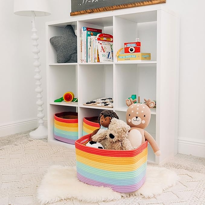 OrganiHaus Set of 3 Rainbow Woven Storage Baskets for Shelves, Decorative Organizer Bins for Kids Room, Nursery & Classroom, Colorful Toy Storage Basket for Playroom Decor – 15x9x10 inches
