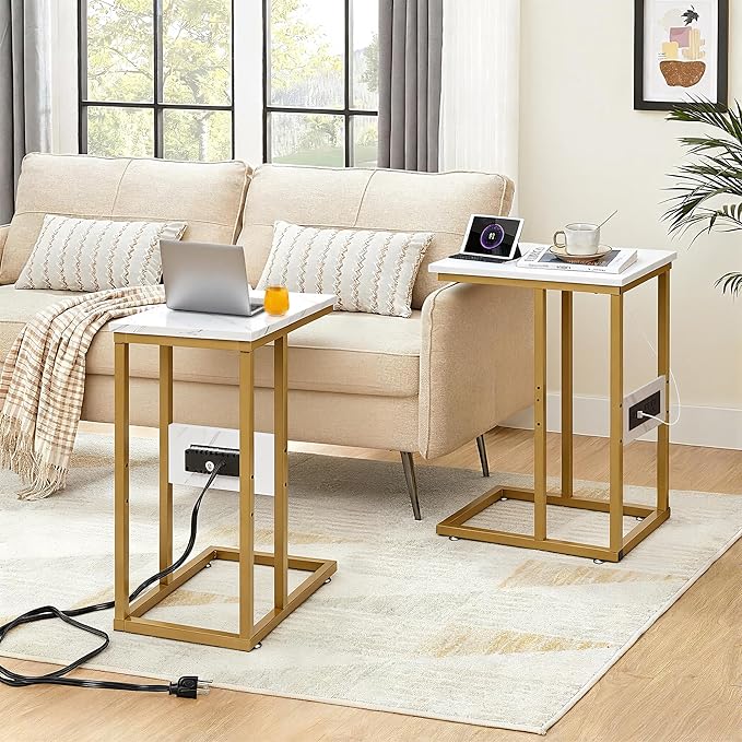 VECELO C Shaped End Side Table with Charging Station & Power Outlets for Couch Sofa/Bed, Snack TV Tray with Metal Frame for Living Room Bedroom 1 PCS Gold
